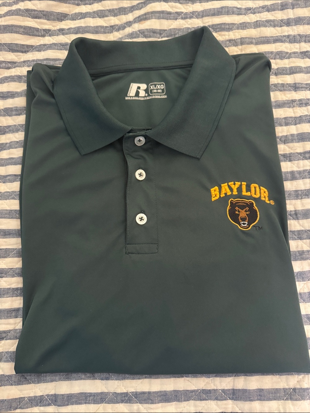 Baylor University Bears Russell Athletic Dark Green Polo with Gold Baylor Emblem